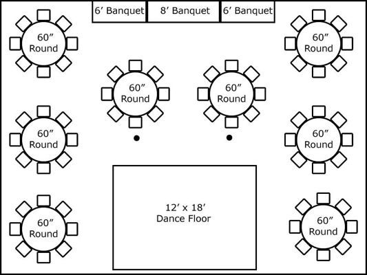 30′ x 40′ w/ Round Tables, Buffet & Dance Floor